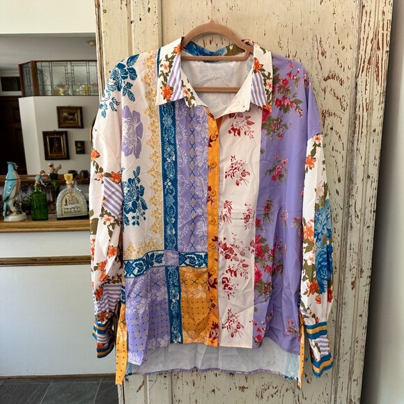 *NEW PATCHWORK BUTTON DOWN FRENCH CUFF BLOUSE* - Picture 3 of 4